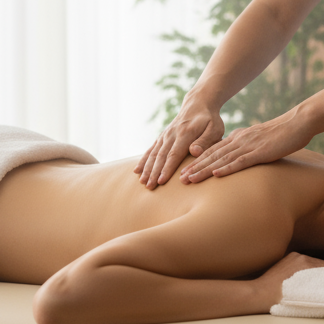 massage du dos d'une femme, les mains de la terapeut sur les omoplates